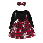 Toddler Kid Child Baby Girls Christmas Long Sleeve Print Princess Dress Suspender Skirt with Headbands Outfits Set 2PCS Clothes Set (2-3 Years,1-Wine)